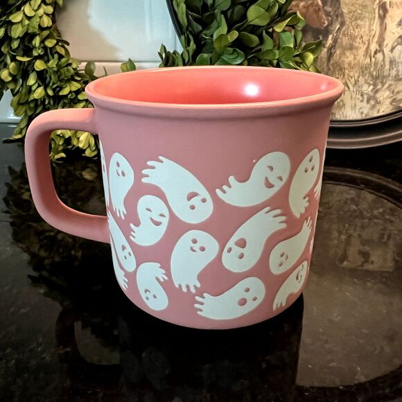 Pink Halloween Ghosts Coffee Mug Set of 2 16oz Coral Rae Dunn?/Full Moon? NEW - Picture 2 of 5